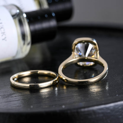 Solid Gold Bezel Elongated Cushion Cut Moissanite Engagement Ring Set, Wedding Ring Set, Bridal Set