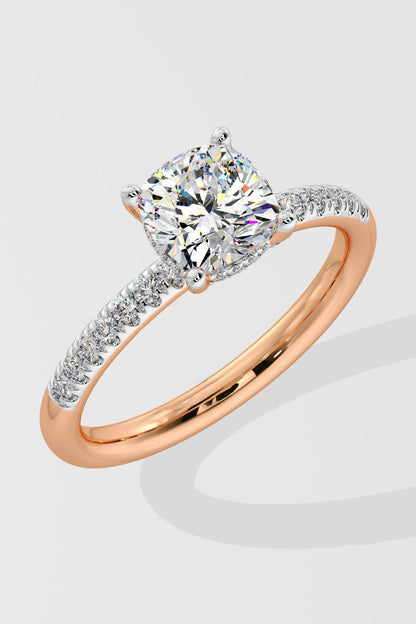 Exquisite 1 CT Cushion-Cut Lab-Grown Diamond 4-Prong Pave-Set Solitaire Ring