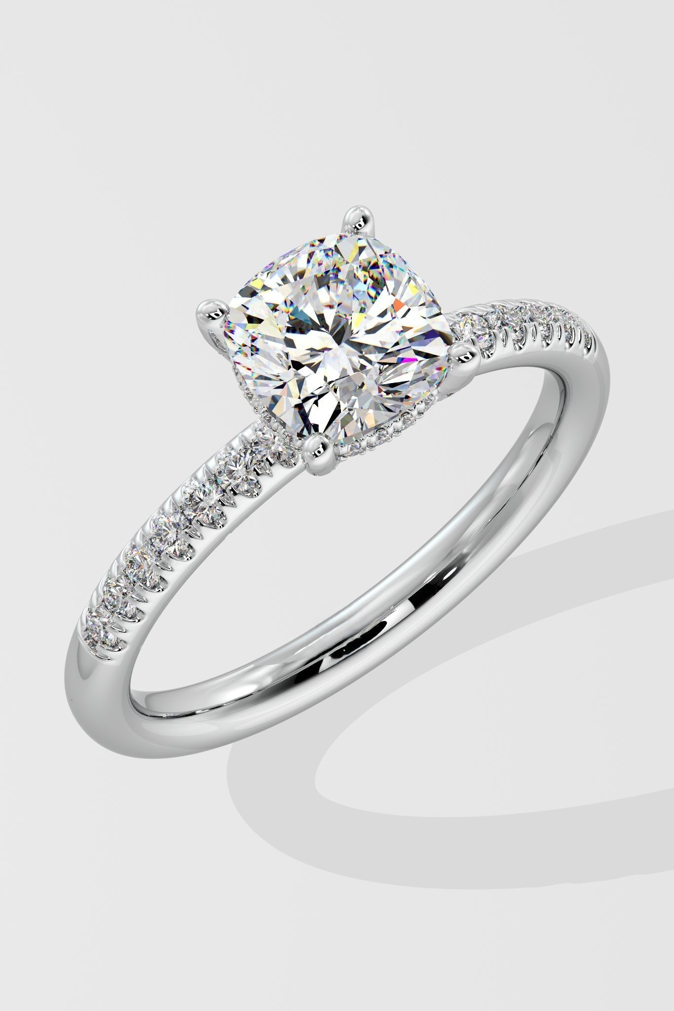Exquisite 1 CT Cushion-Cut Lab-Grown Diamond 4-Prong Pave-Set Solitaire Ring