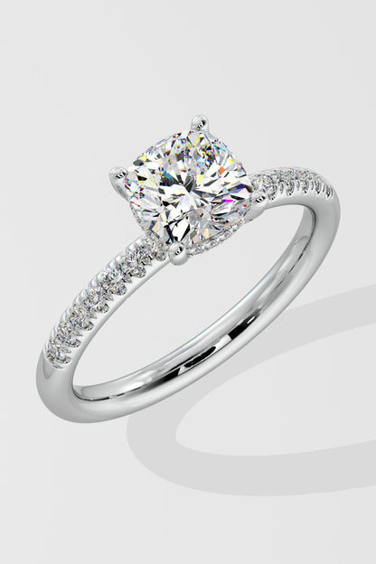 Exquisite 1 CT Cushion-Cut Lab-Grown Diamond 4-Prong Pave-Set Solitaire Ring