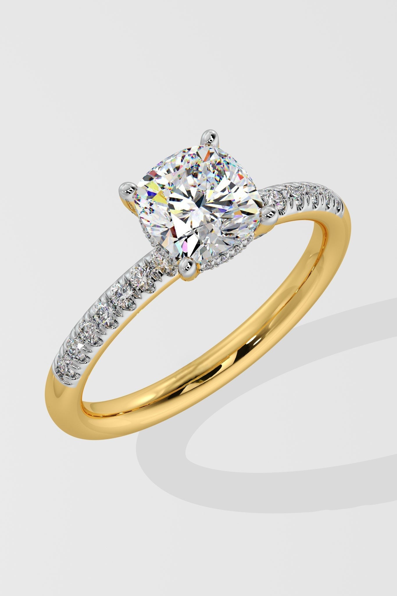 Exquisite 1 CT Cushion-Cut Lab-Grown Diamond 4-Prong Pave-Set Solitaire Ring