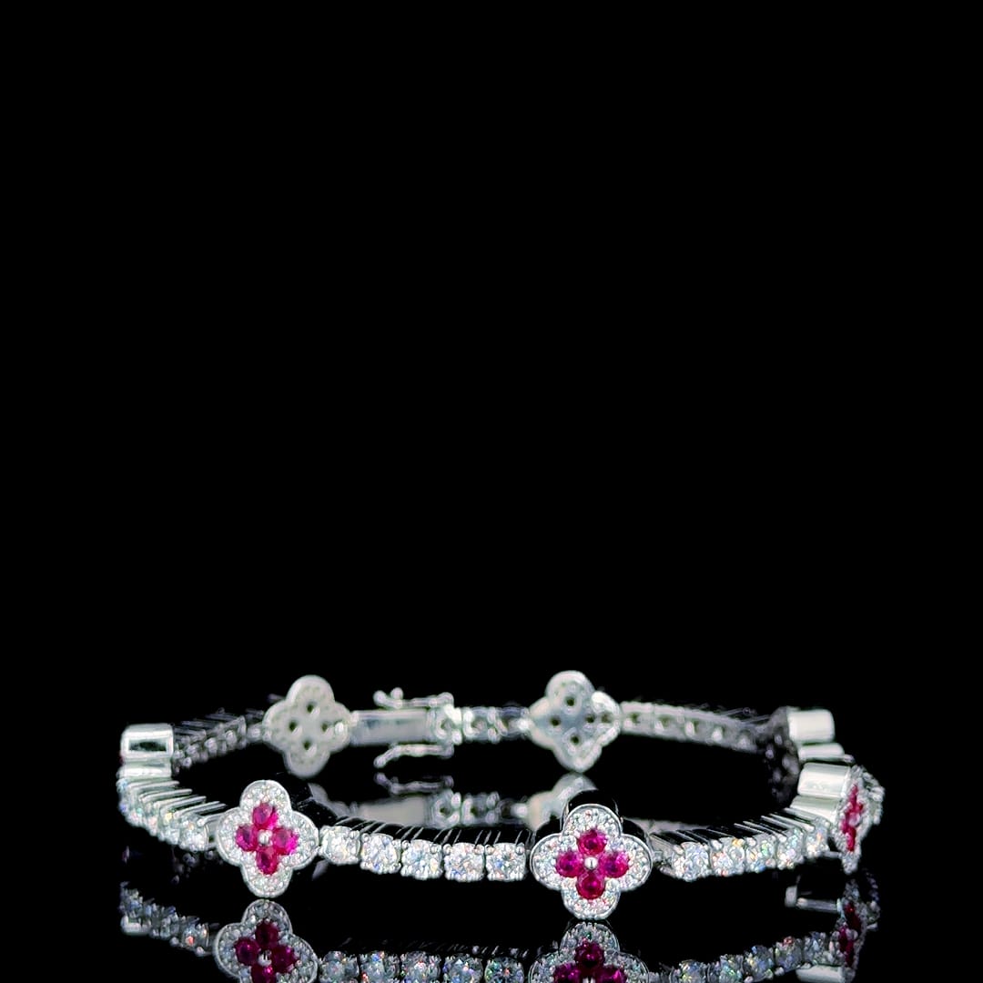 Iced Out Women Trendy Floral Pink Moissanite Diamond Bracelet