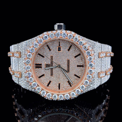 Audemars Piguet Fully Iced Two Tone Stick Dial Rose Gold Moissanite Diamond Watch