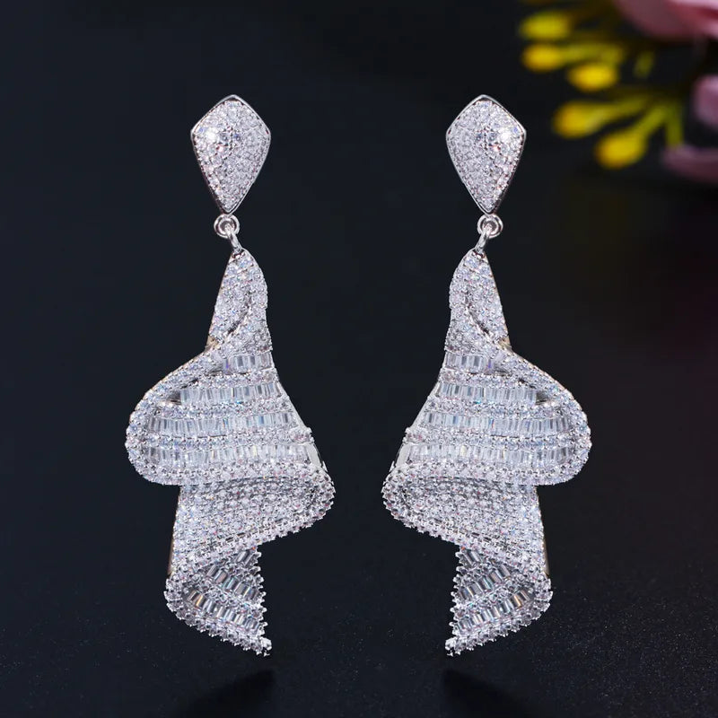 Iced Out Sparkling Pave Swirl Dangle Moissanite VVS Diamond Earrings