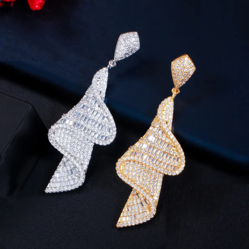 Iced Out Sparkling Pave Swirl Dangle Moissanite VVS Diamond Earrings