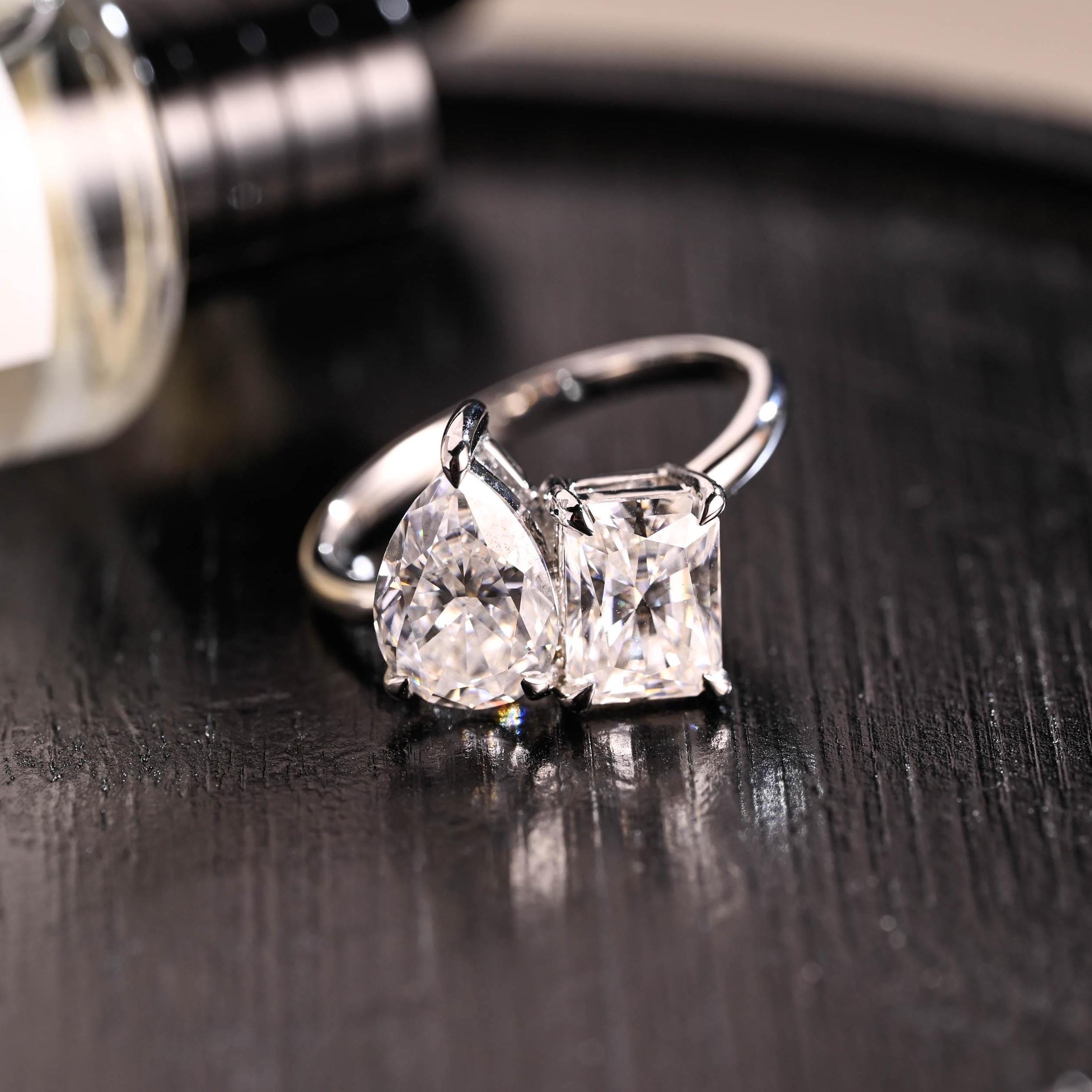 Toi et Moi Moissanite Engagement Ring, Radiant/Pear Moissanite Solid Gold Ring, Two-Stone Wedding Ring