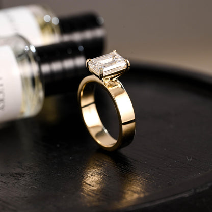 Solid Gold Emerald Cut Moissanite Engagement Ring, 4mm Wide Band Solitaire Ring, Gift for Her