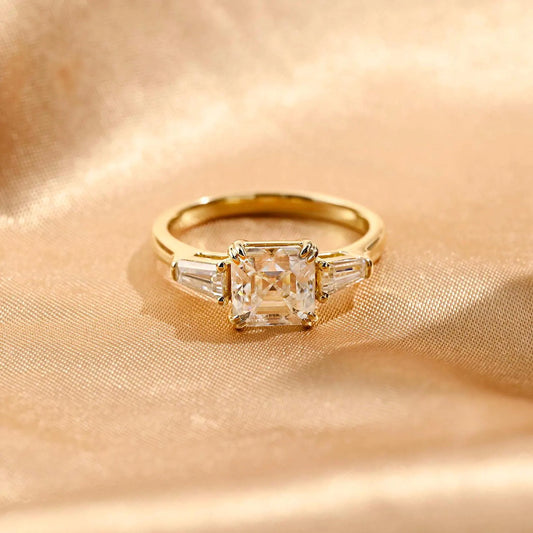 Solid Gold Asscher Moissanite Engagement Ring, Three Stone Wedding Ring