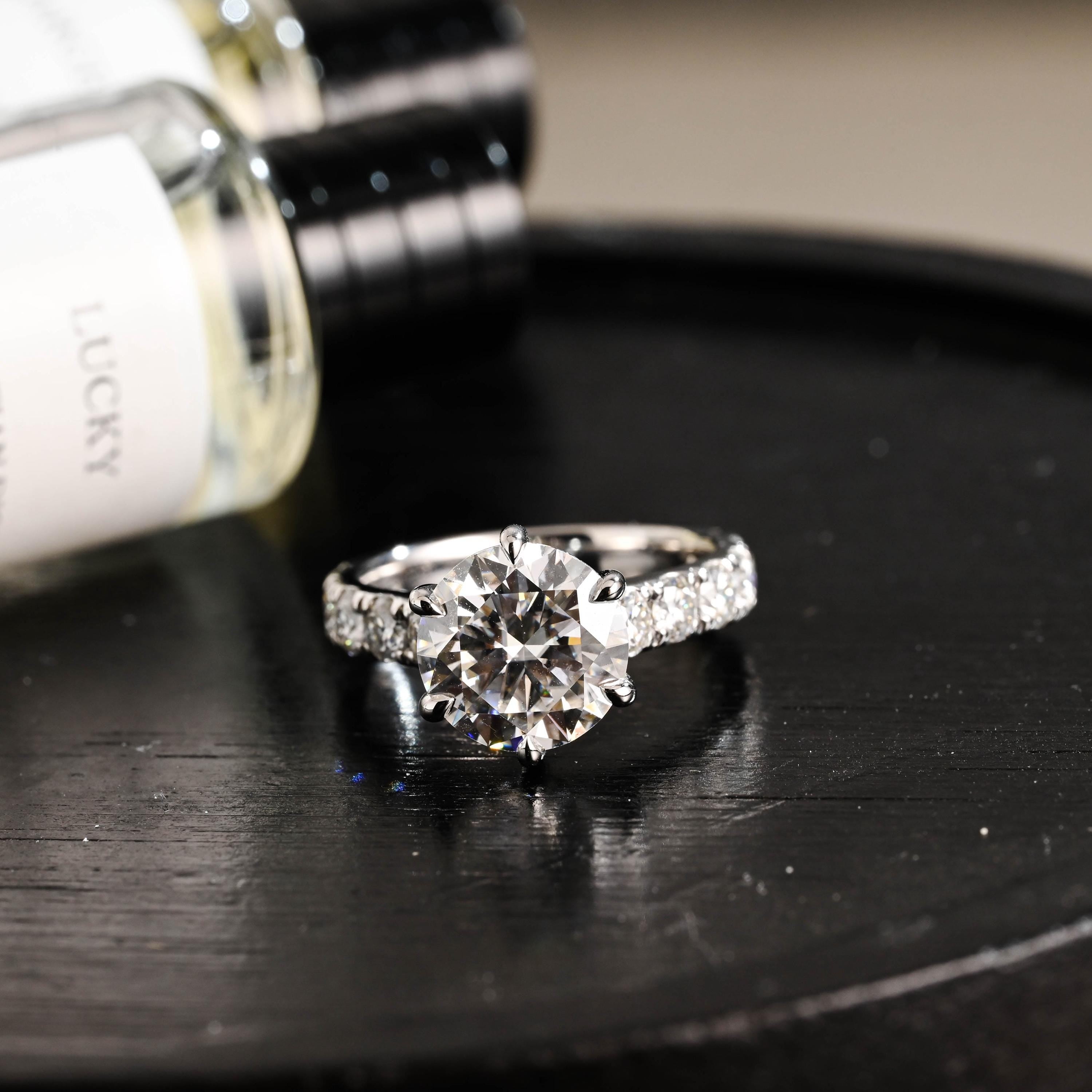 3.5mm Wide Solid Gold Round Cut Moissanite Engagement Ring, Side Stone Setting Wedding Ring