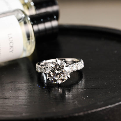 3.5mm Wide Solid Gold Round Cut Moissanite Engagement Ring, Side Stone Setting Wedding Ring