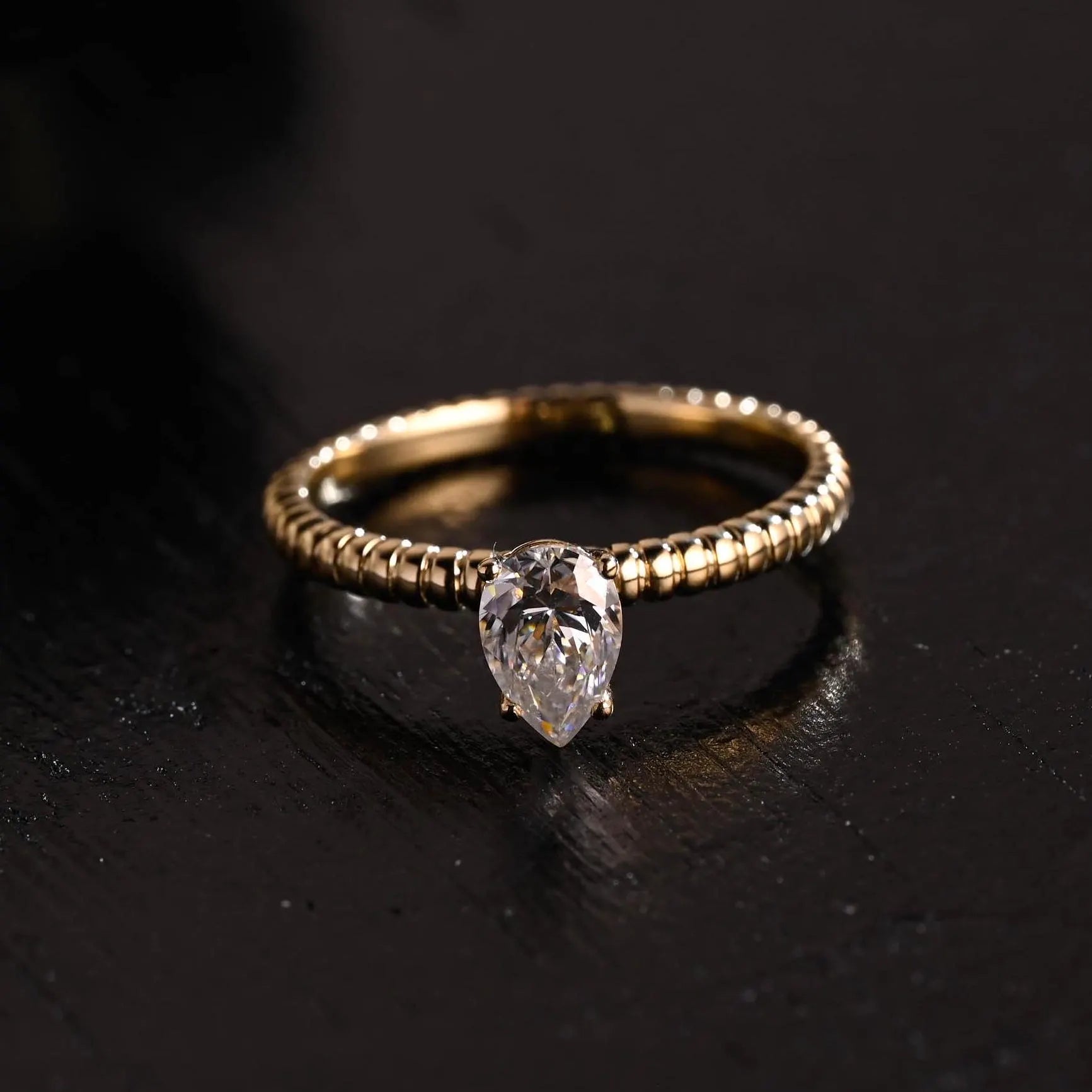 Solid Gold Pear Cut Moissanite Engagement Ring, Twisted Band Solitaire Pear Moissanite Wedding Ring