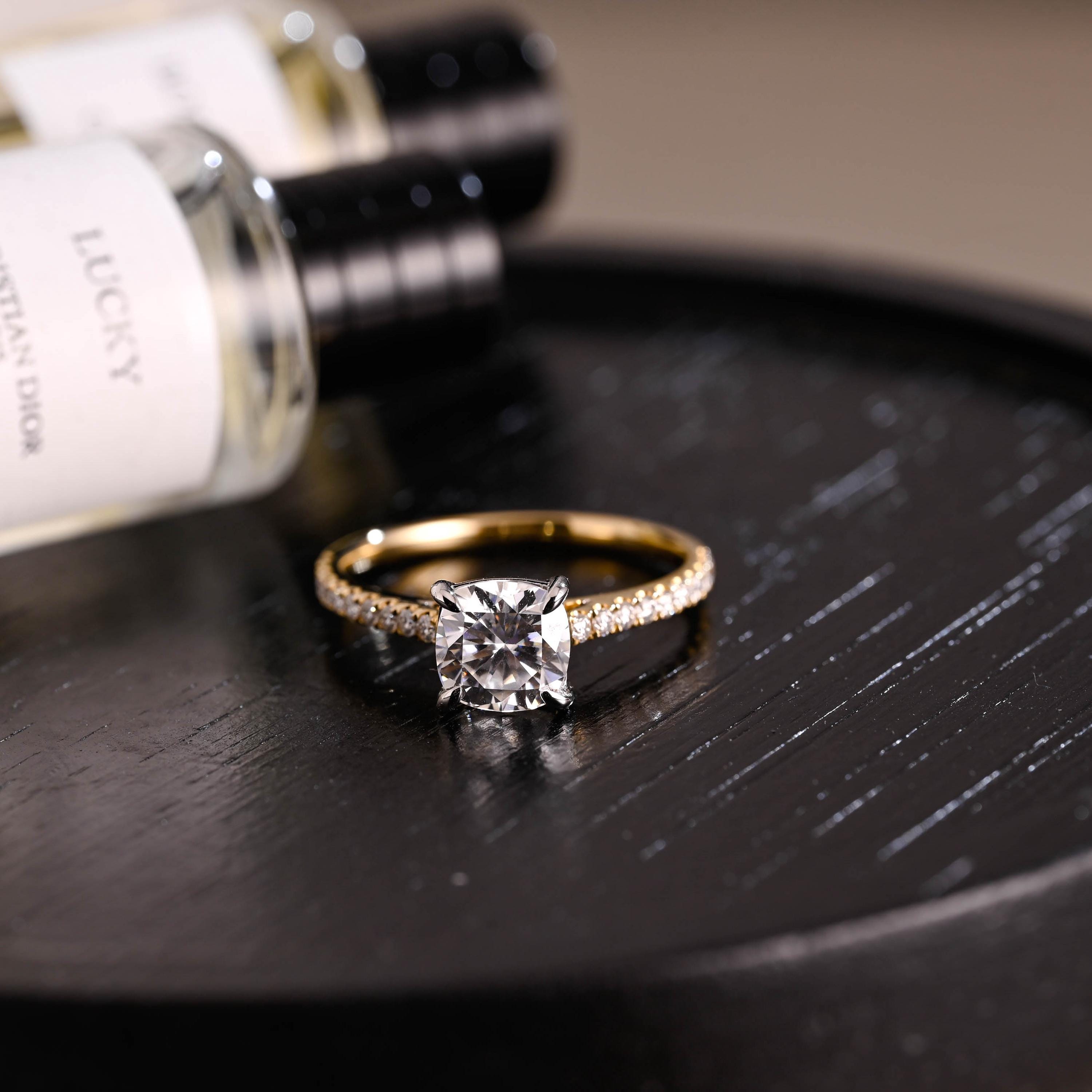 Solid Gold Two Tone Cushion Moissanite Engagement Ring, Proposal Ring, Half Eternity Promise Ring, Wedding Ring, Anniversary Gift for Women