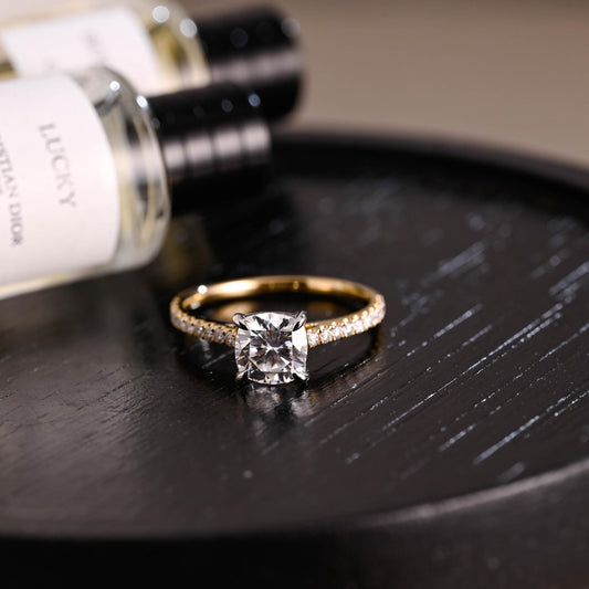Solid Gold Two Tone Cushion Moissanite Engagement Ring, Proposal Ring, Half Eternity Promise Ring, Wedding Ring, Anniversary Gift for Women
