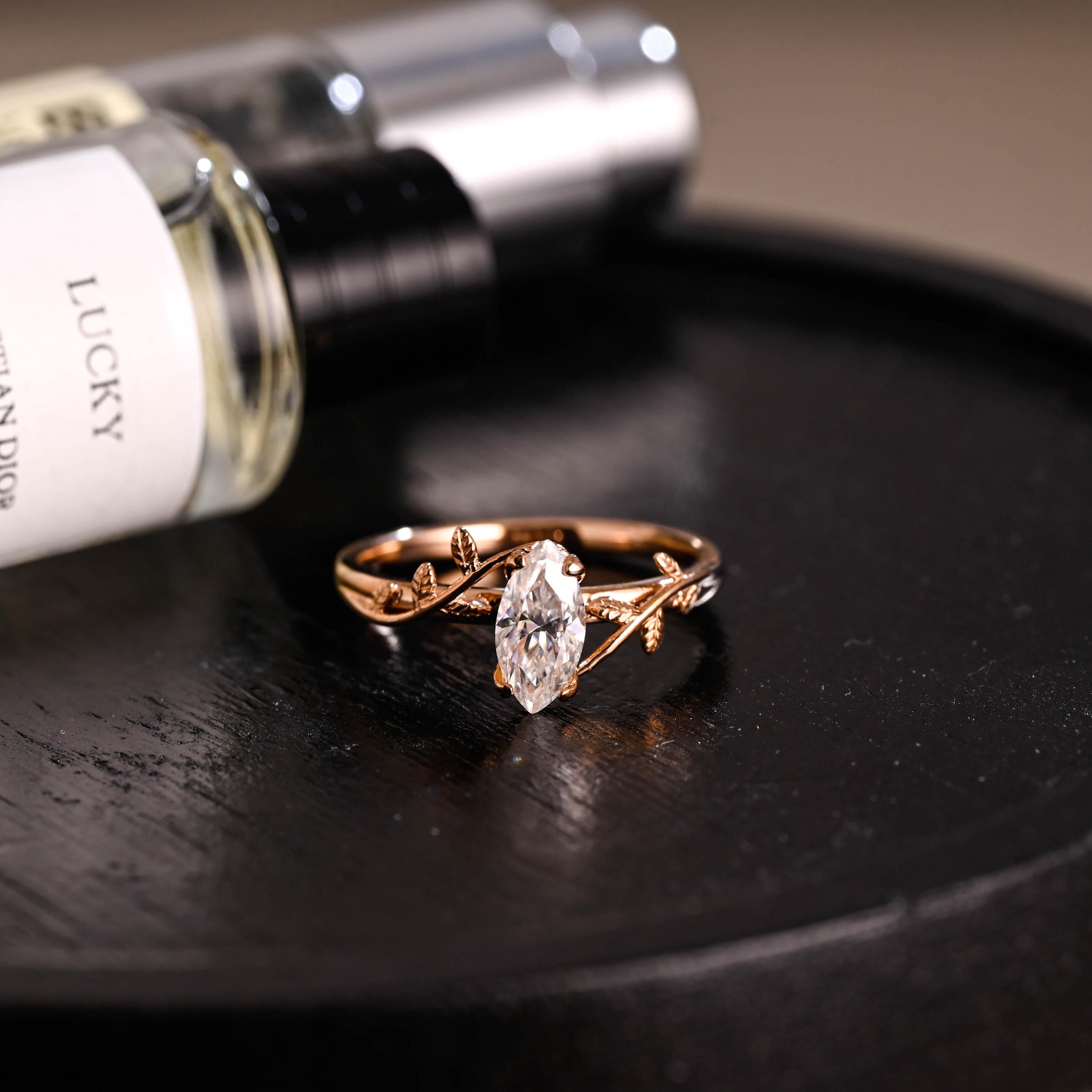 Solid Gold Leaf Marquise Moissanite Engagement Ring