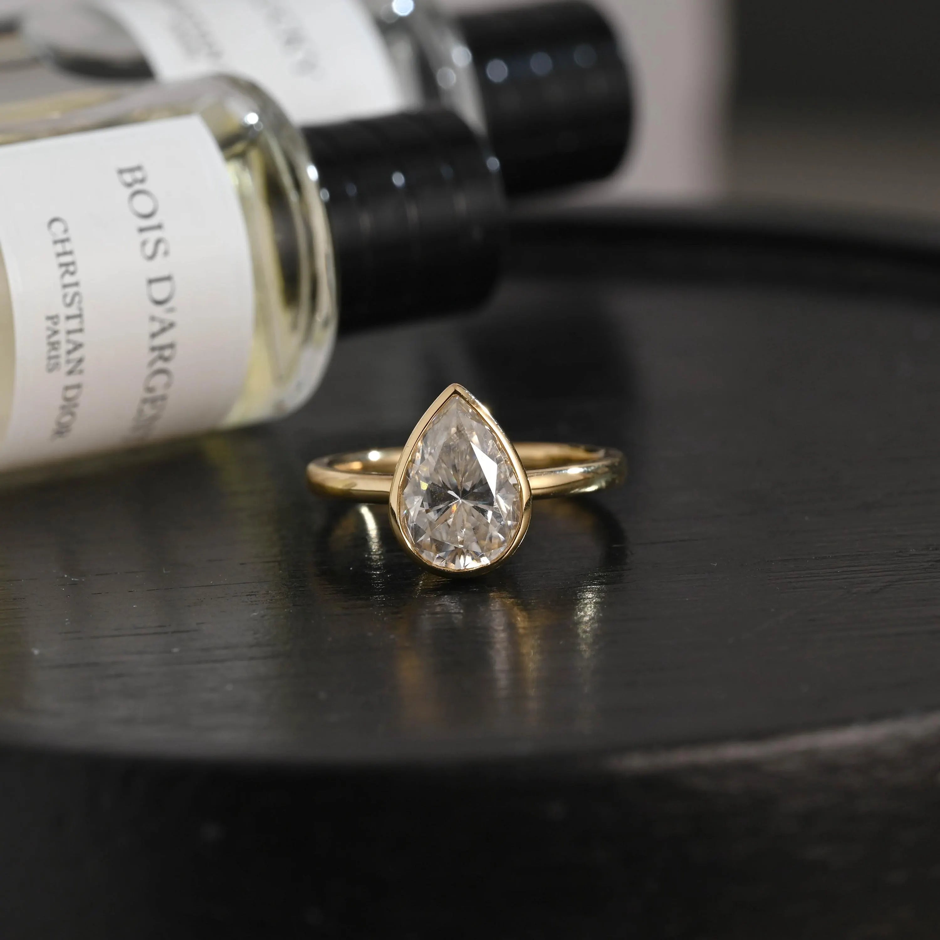 Solid Gold Pear Cut Moissanite Engagement Ring, Proposal Ring, Promise Ring, Solid Bezel Set Wedding Ring