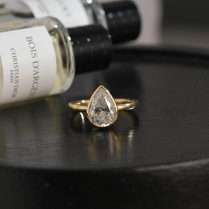 Solid Gold Pear Cut Moissanite Engagement Ring, Proposal Ring, Promise Ring, Solid Bezel Set Wedding Ring
