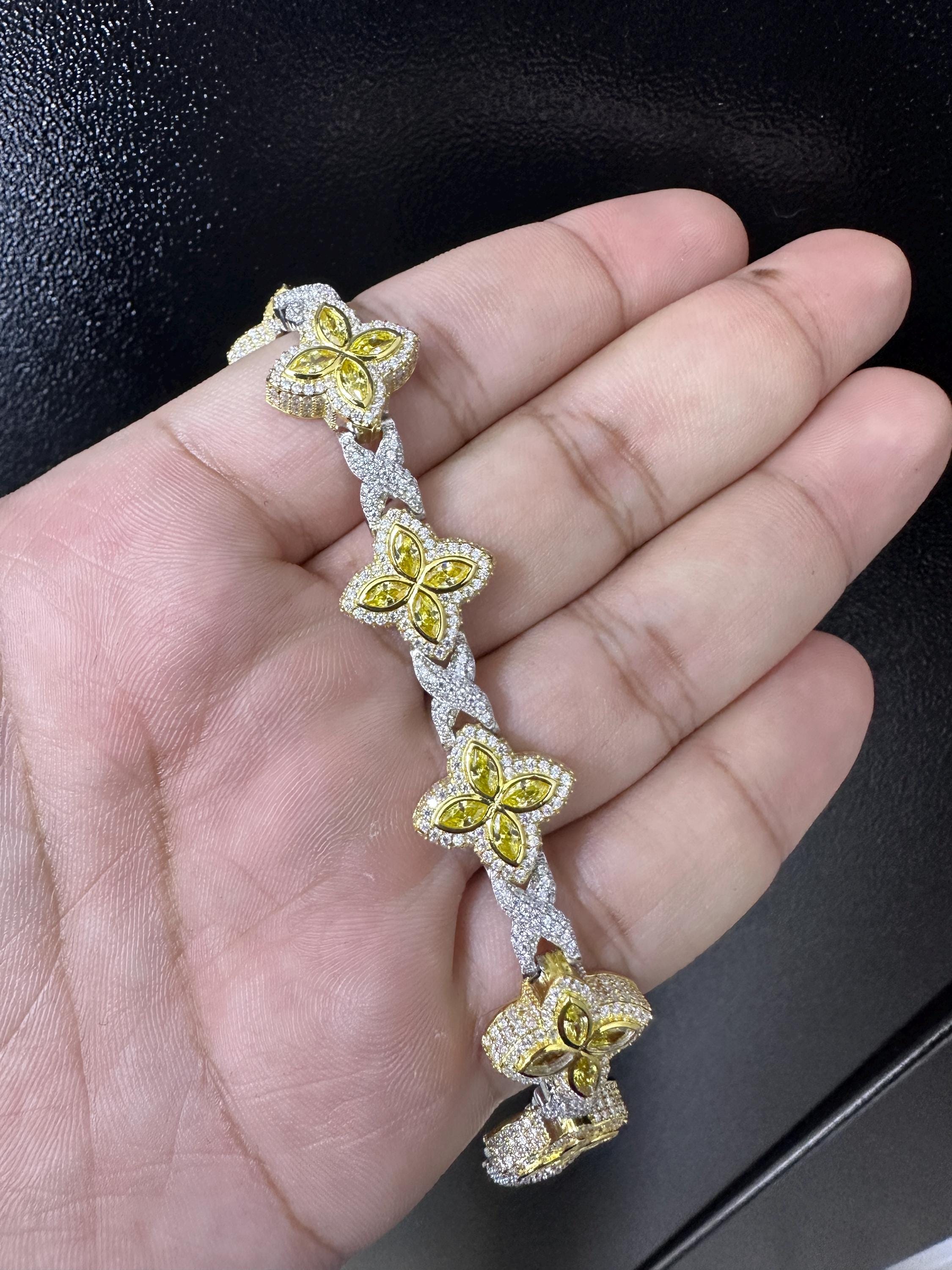 Iced Out Clover Bracelet: 9.04CT Yellow Sapphire, Moissanite, Sterling Silver