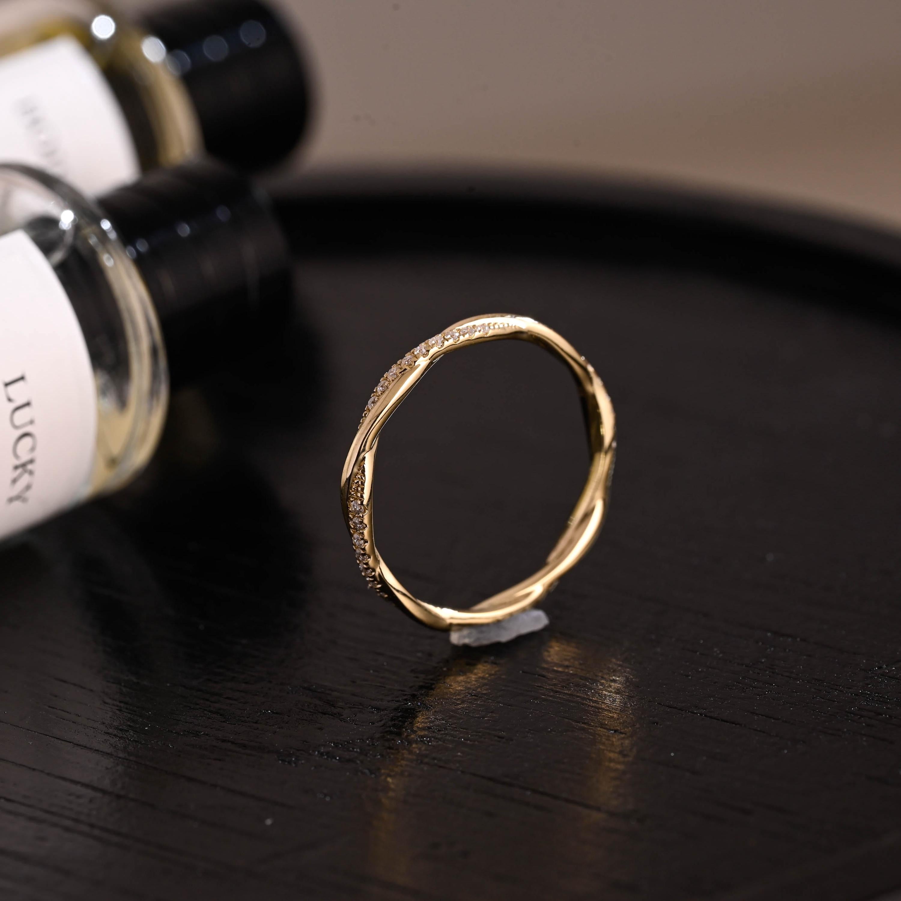 Twisted Moissanite Wedding Band, Solid Gold Eternity Ring, Stackable Anniversary