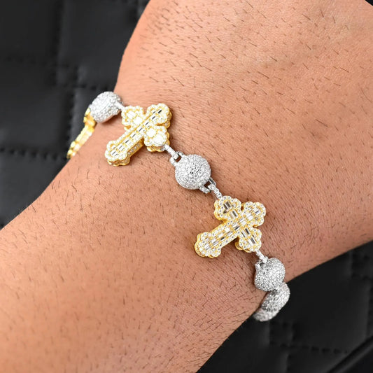 Two-Tone Moissanite Cross Bracelet: 925 Sterling Silver Iced Out Design