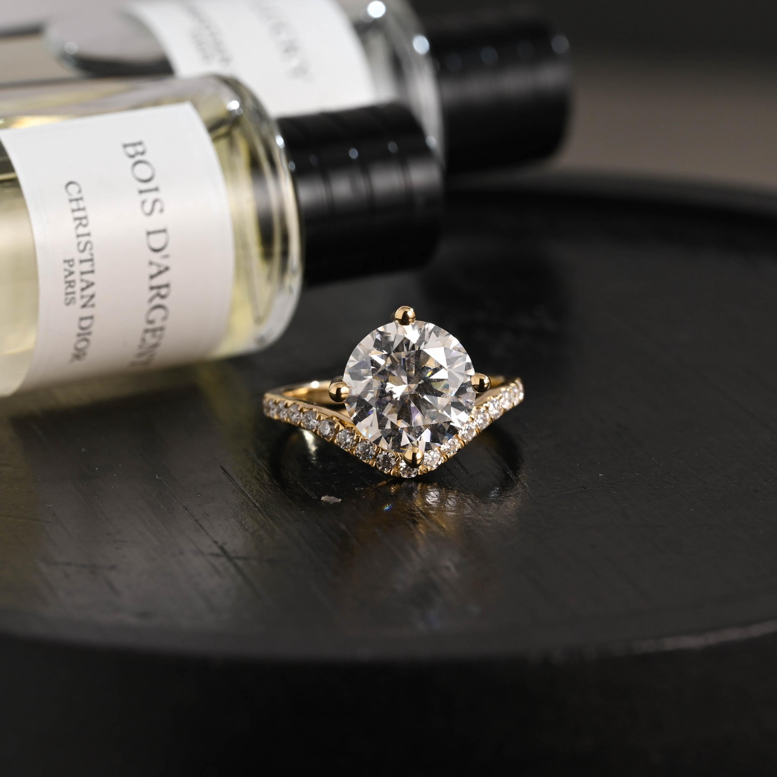 Solid Gold Round Cut Moissanite Sandwich Setting Engagement Ring, Wedding Ring