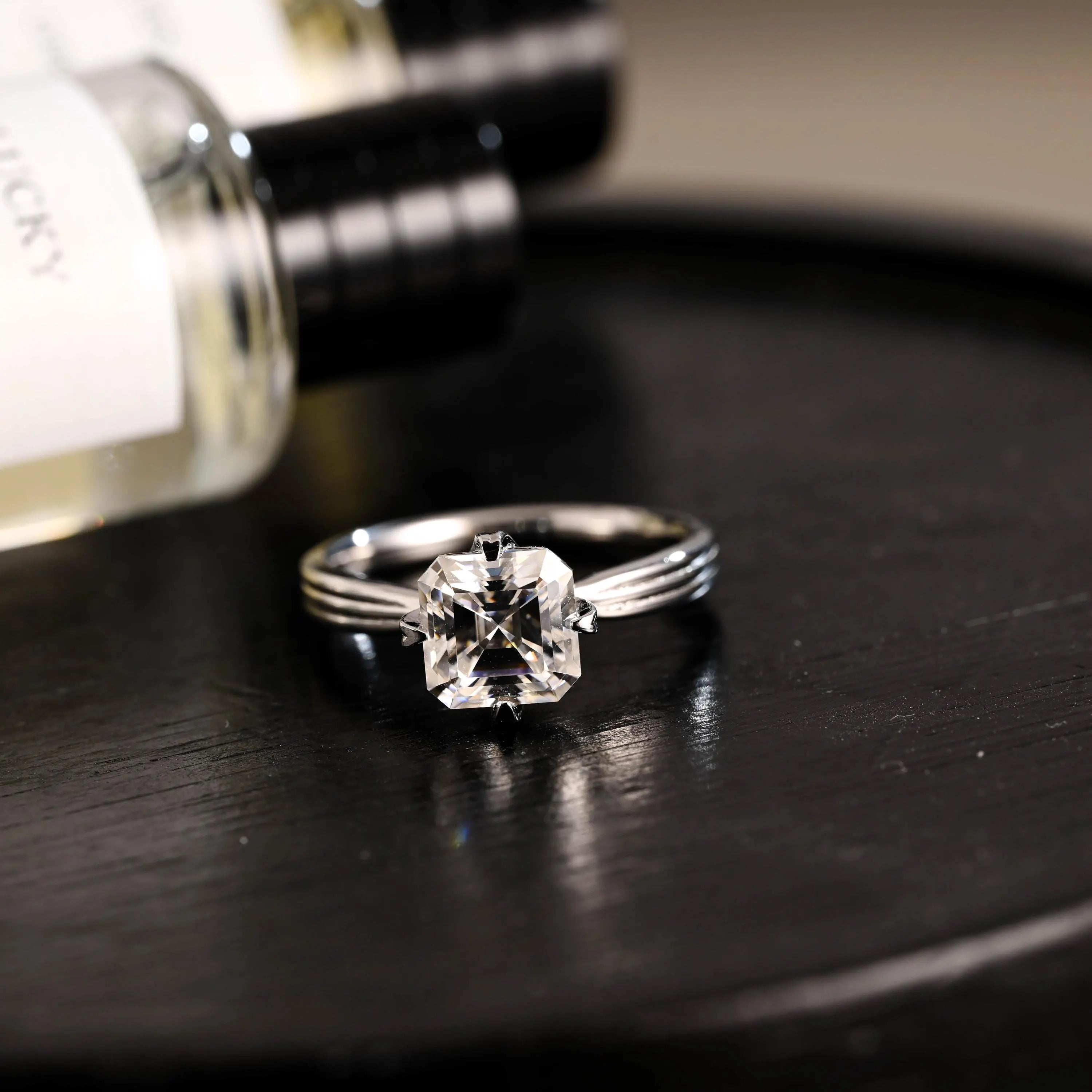 Solid Gold Asscher Cut Moissanite Engagement Ring, Anniversary Gift Birthday Gift for Women Wife