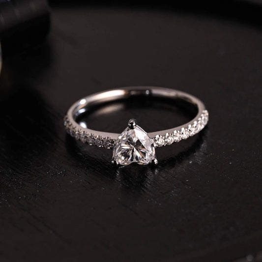 Solid Gold Heart Cut Pave Band Moissanite Engagement Ring, Proposal Ring, Promise Ring