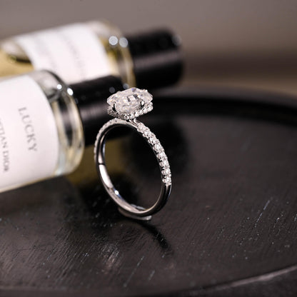 Solid Gold Hidden Halo Emerald Cut Moissanite Engagement Ring, Proposal Ring, Promise Ring, Wedding Ring, Anniversary Gift for Women Wife