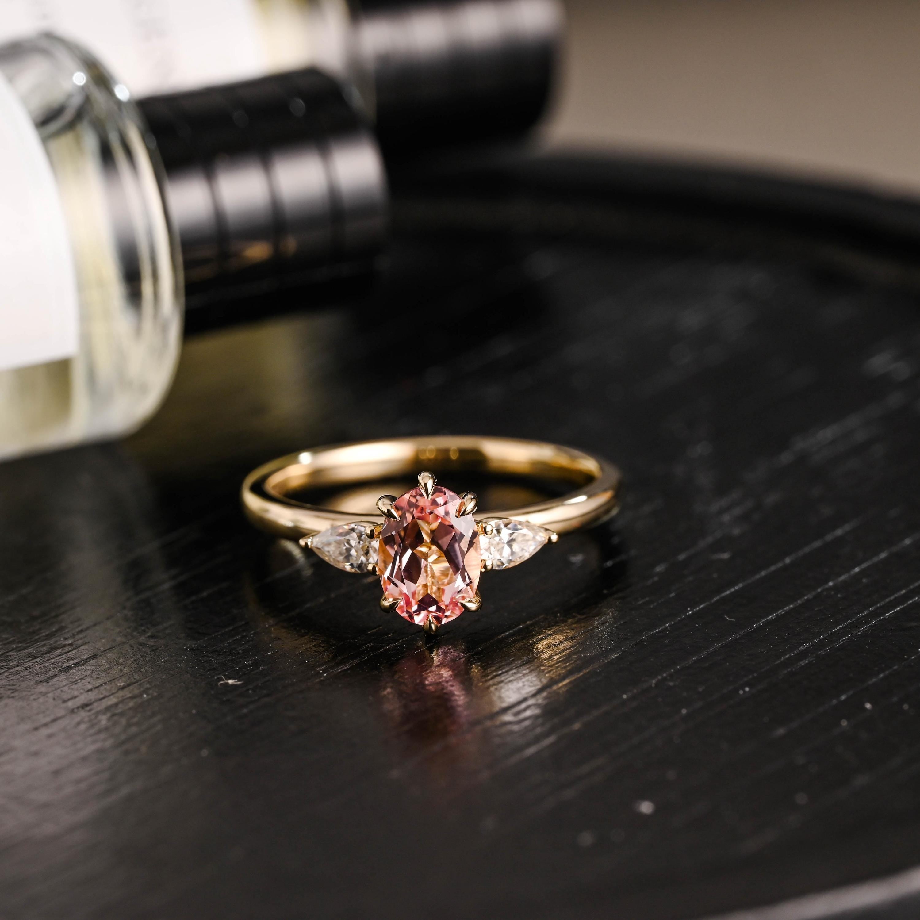 Solid Gold Oval Lab Grown Pink Sapphire Engagement Ring, Three Stone Proposal Ring