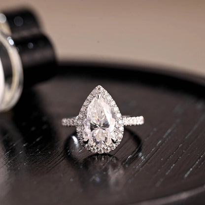 Vintage Style Pear Cut Moissanite Engagement Ring, Solid Gold Halo Pear Moissanite Wedding Ring
