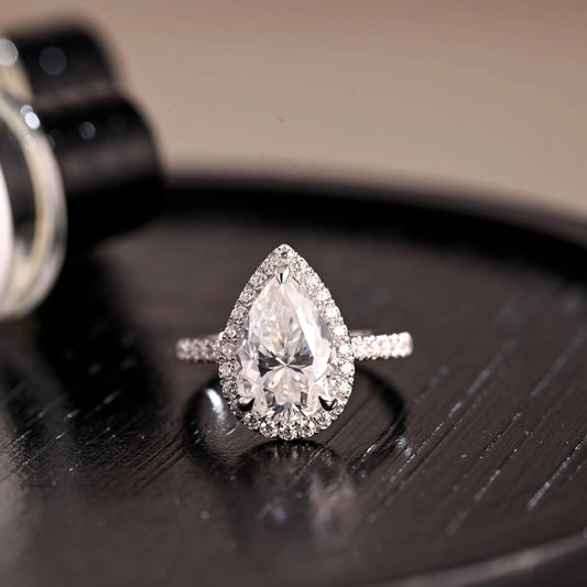 Vintage Style Pear Cut Moissanite Engagement Ring, Solid Gold Halo Pear Moissanite Wedding Ring