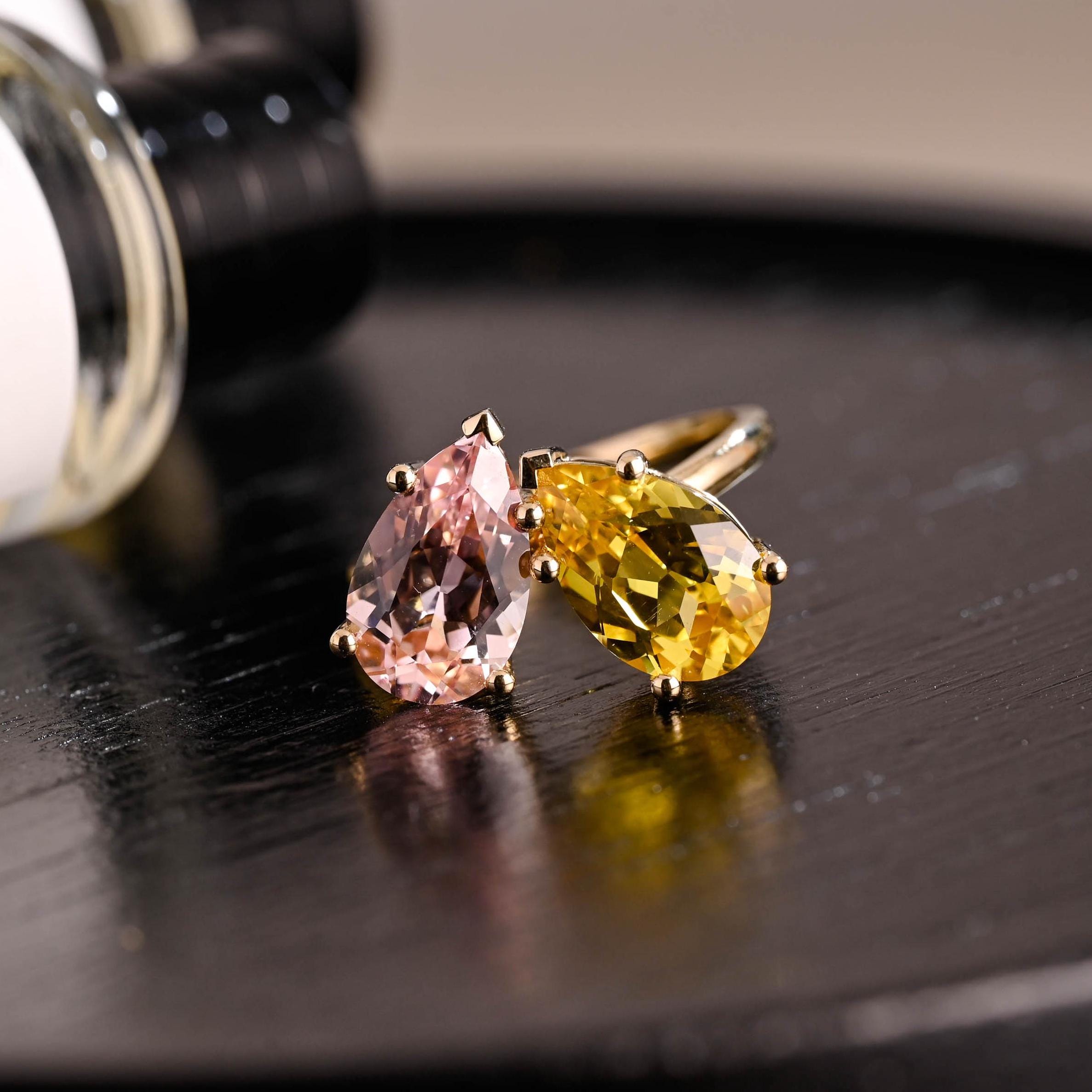 Lab Grown Yellow & Pink Sapphire Toi et Moi Wedding Ring, Solid Gold Two Stone Engagement Ring