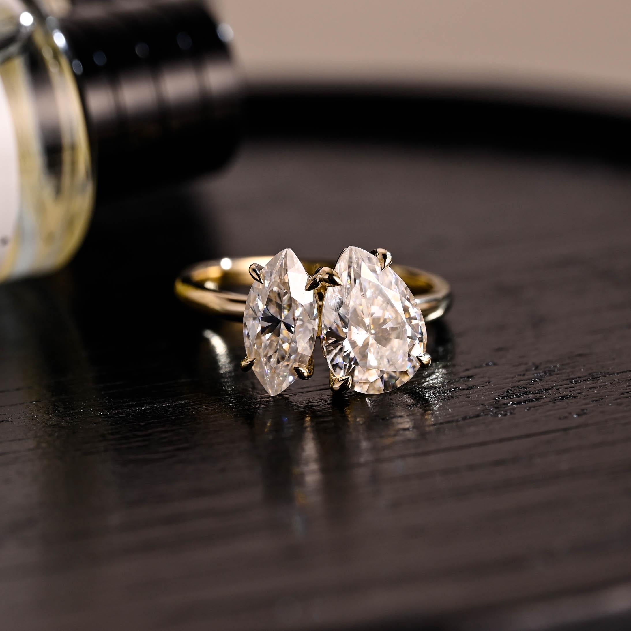Toi et Moi Moissanite Engagement Ring, Marquise/Pear Cut Moissanite Solid Gold Ring, Two-Stone Wedding Ring