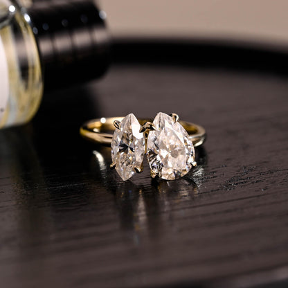 Toi et Moi Moissanite Engagement Ring, Marquise/Pear Cut Moissanite Solid Gold Ring, Two-Stone Wedding Ring