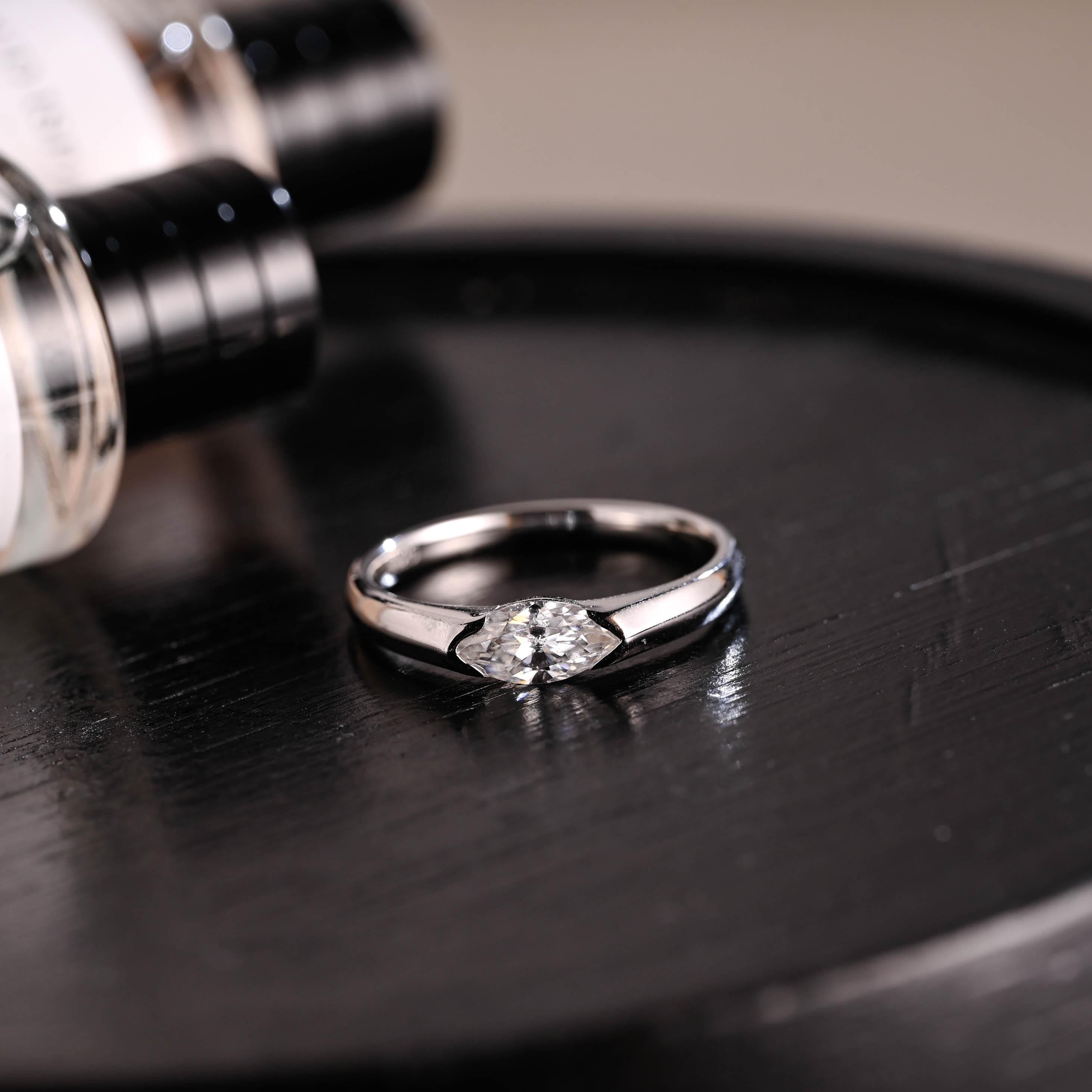 Solid Gold Marquise Moissanite Wedding Band, Matching Ring