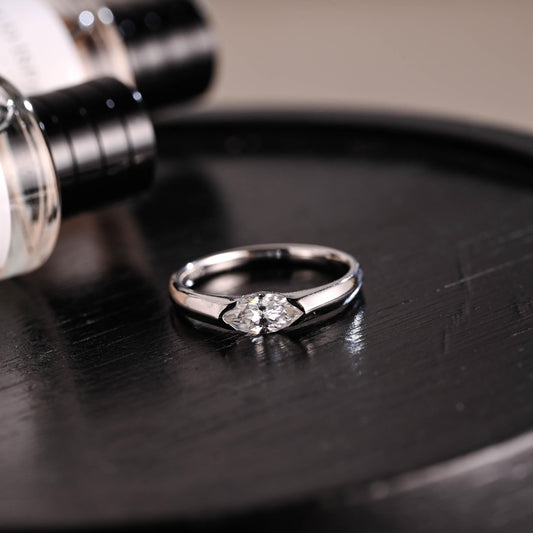 Solid Gold Marquise Moissanite Wedding Band, Matching Ring