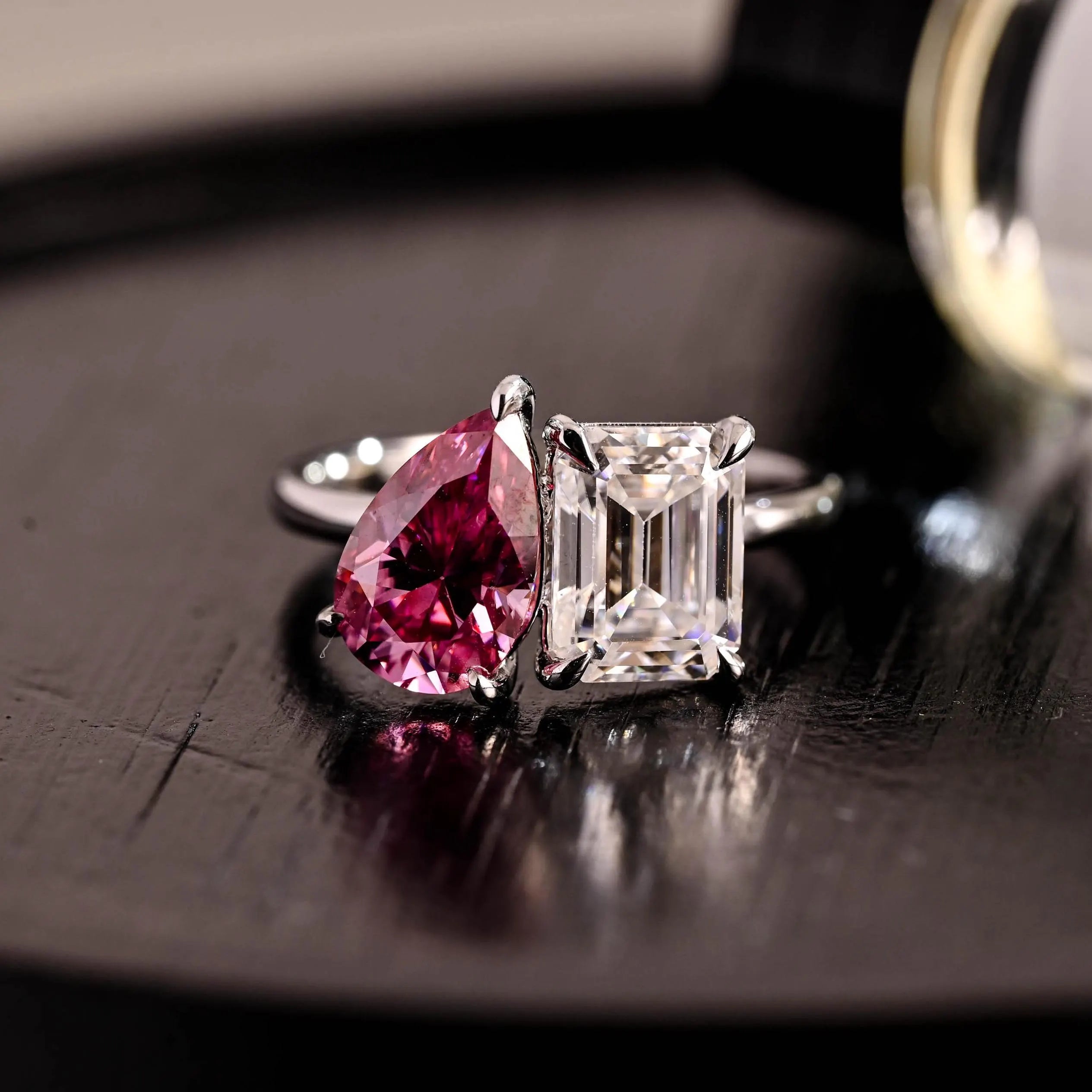 Moi et Toi Pink Moissanite Engagement Ring, Pear Cut Solid Gold Wedding Ring Birthstone Anniversary Ring