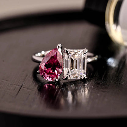 Moi et Toi Pink Moissanite Engagement Ring, Pear Cut Solid Gold Wedding Ring Birthstone Anniversary Ring