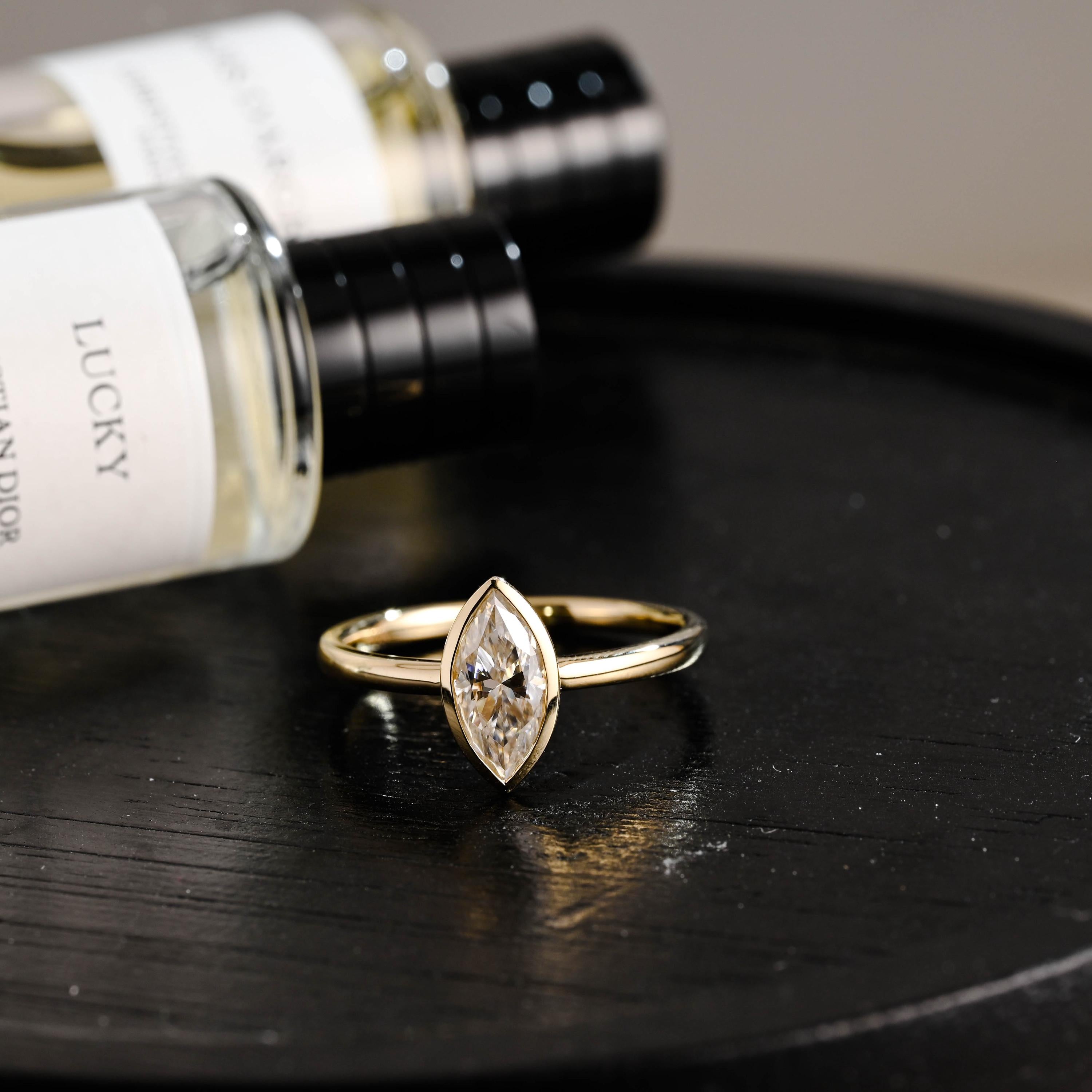 Solid Gold Marquise Cut Moissanite Engagement Ring, Solitaire Bezel Setting Ring