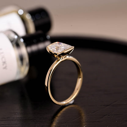 Solid Gold Half Bezel Radiant Cut Moissanite Engagement Ring, Solitaire Ring