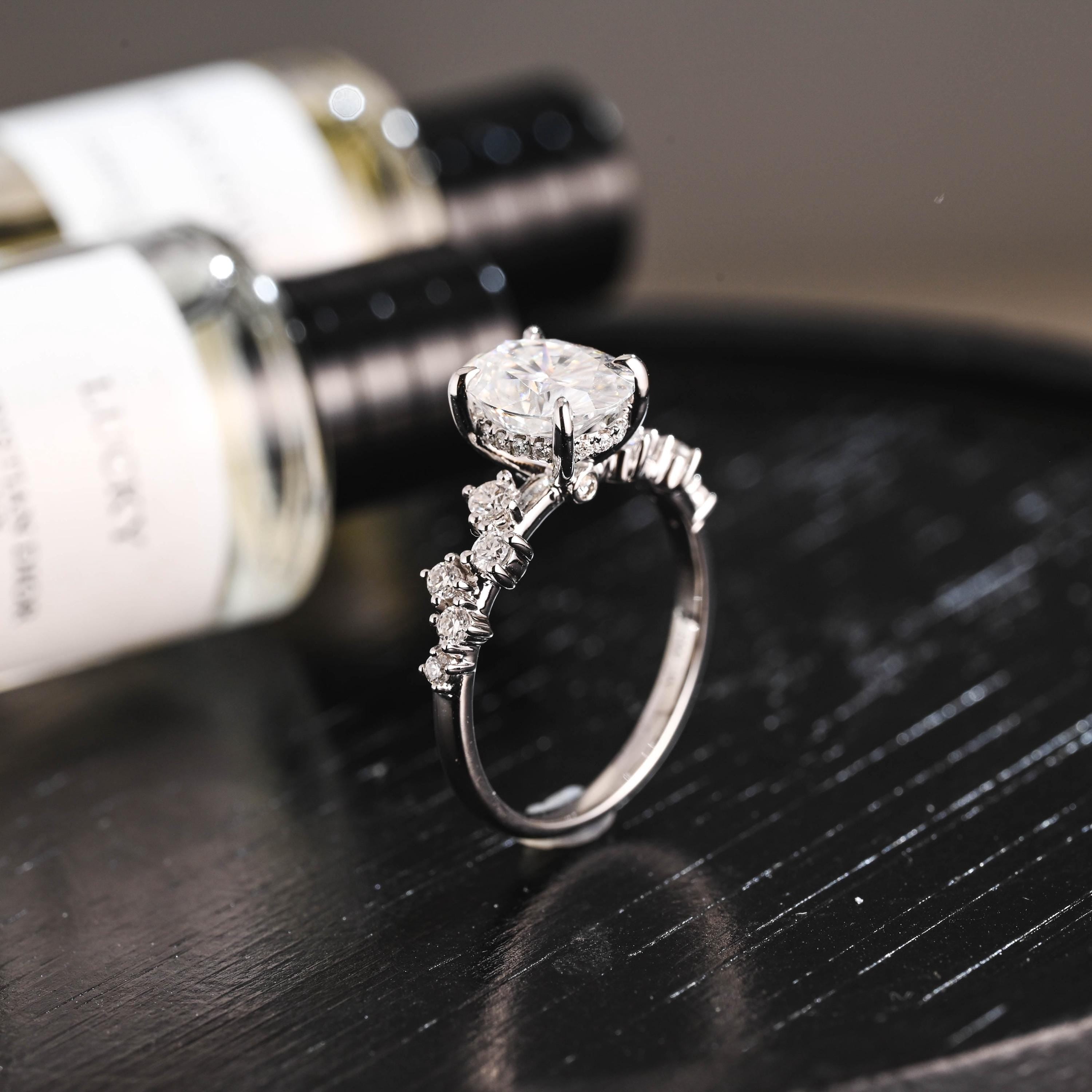 Solid Gold Oval Cut Moissanite Engagement Ring, Anniversary Gift Birthday Gift for Women Wife