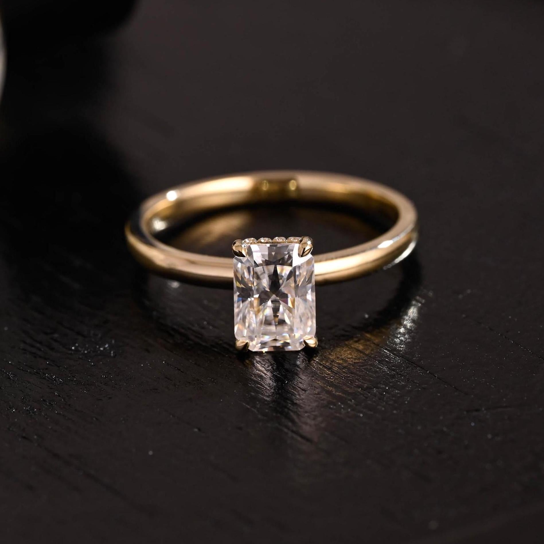 Solid Gold Hidden Halo Radiant Cut Moissanite Engagement Ring, Anniversary Ring for Her