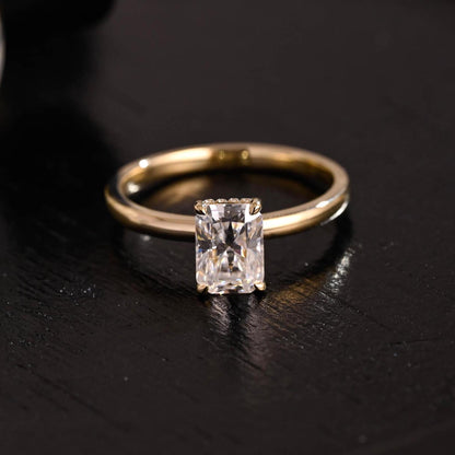 Solid Gold Hidden Halo Radiant Cut Moissanite Engagement Ring, Anniversary Ring for Her