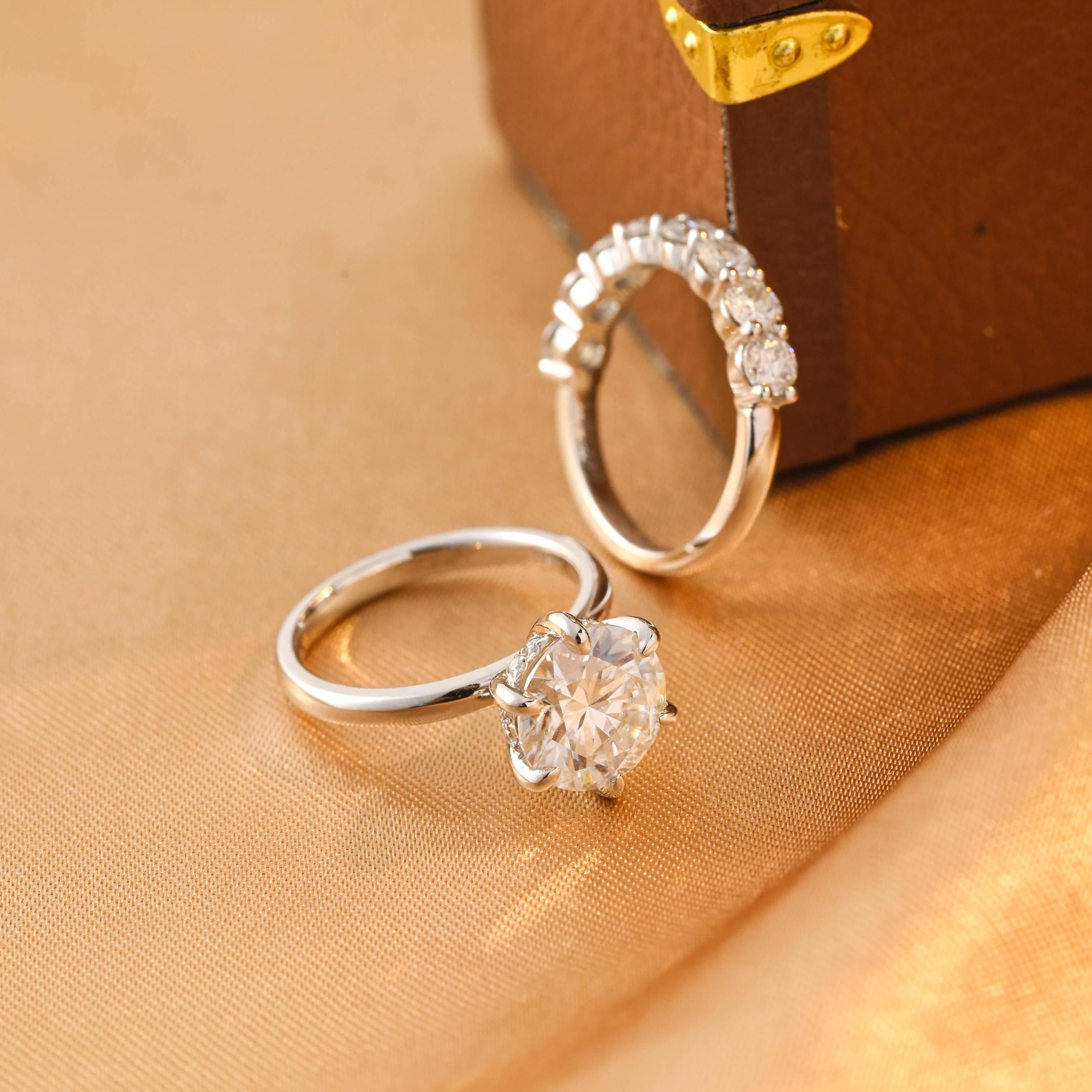 Solid Gold Hidden Halo Round Cut Moissanite Engagement Ring Set, Half Eternity Ring Bridal Set