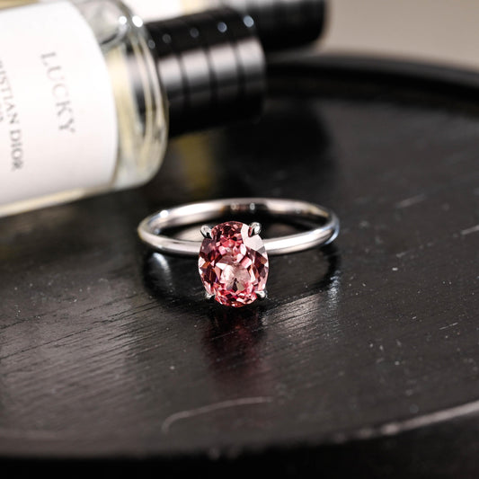 Solid Gold Tulip Setting Oval Cut Lab Grown Pink Sapphire Engagement Ring
