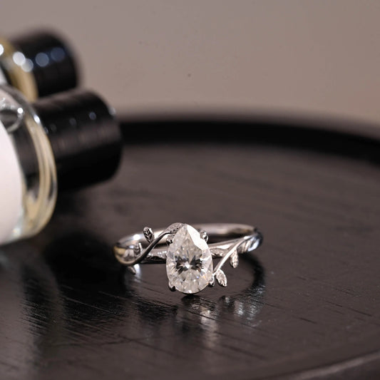 Solid Gold Pear Cut Leaf-Shaped Band Moissanite Engagement Ring, Anniversary Gift Birthday Gift for Women Wife