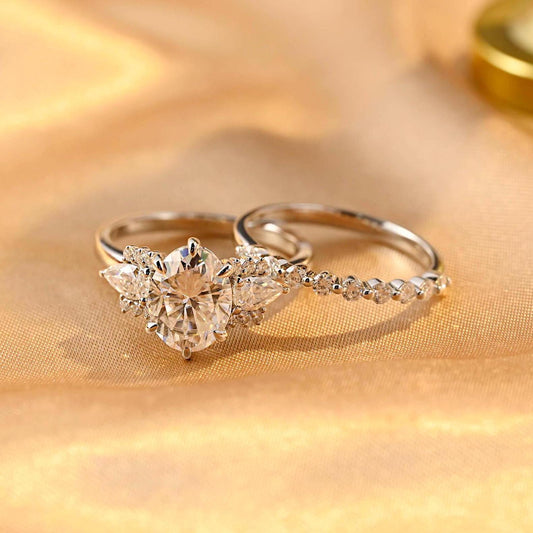 Solid Gold Three Stone Oval Cut Moissanite Engagement Ring Set, Half Eternity Ring Bridal Set