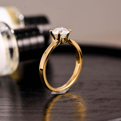 Low Setting Solid Gold Round Cut Moissanite Engagement Ring, Round Cut Moissanite Anniversary Ring