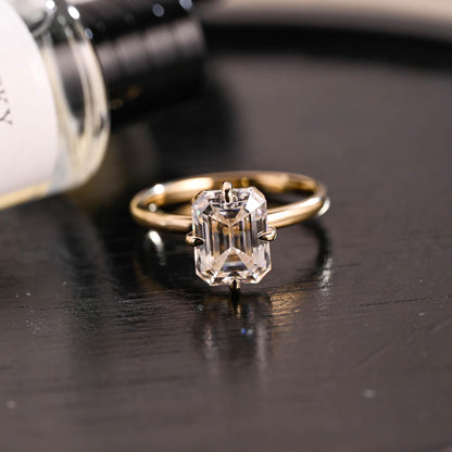 Solid Gold Compass Set Solitaire Emerald Cut Moissanite Engagement Ring, Anniversary Ring