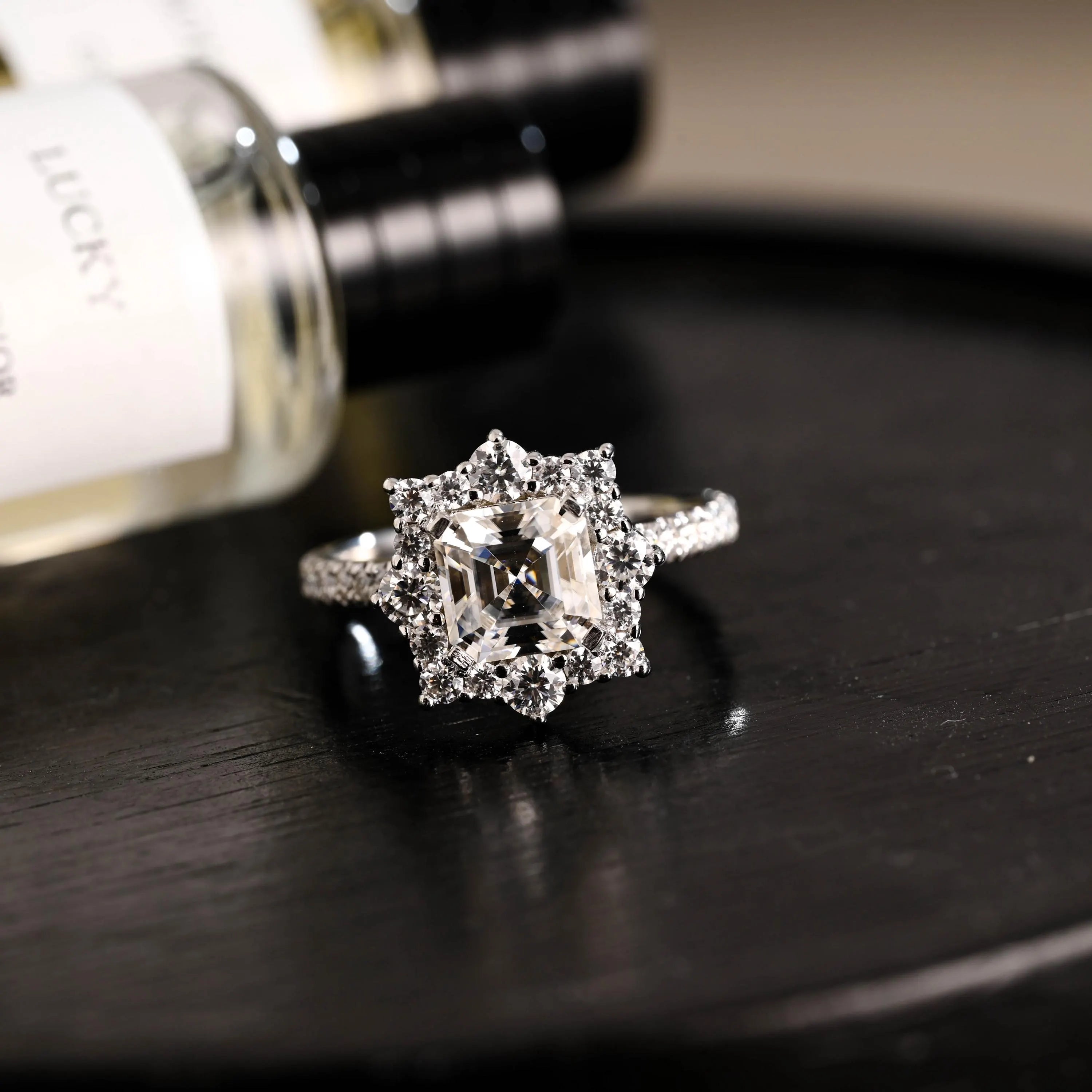 Solid Gold Half Eternity Asscher Cut Moissanite Engagement Ring, Anniversary Gift for Women Wife