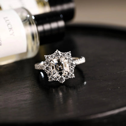 Solid Gold Half Eternity Asscher Cut Moissanite Engagement Ring, Anniversary Gift for Women Wife